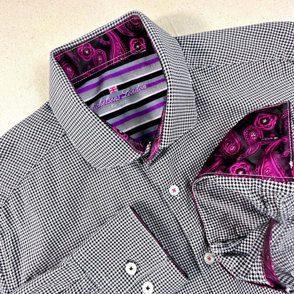 Michelsons London Mens Black White Houndstooth Cotton Shirt Purple Paisley M